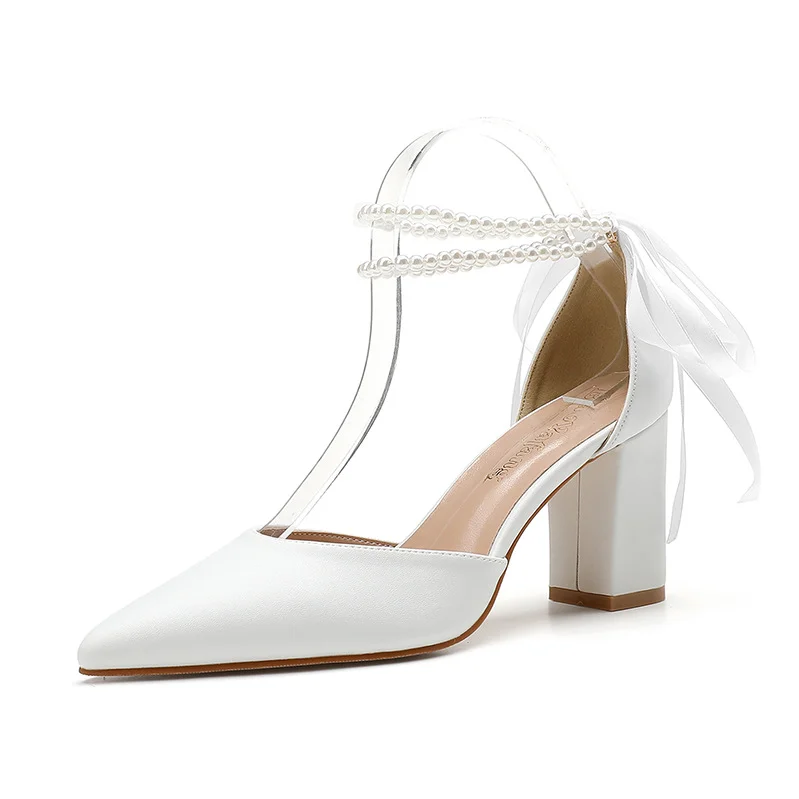 Women's Bridal Wedding High Heel Sandals White Thick Chunky Heel Hard-Wearing for Spring Autumn Summer 43