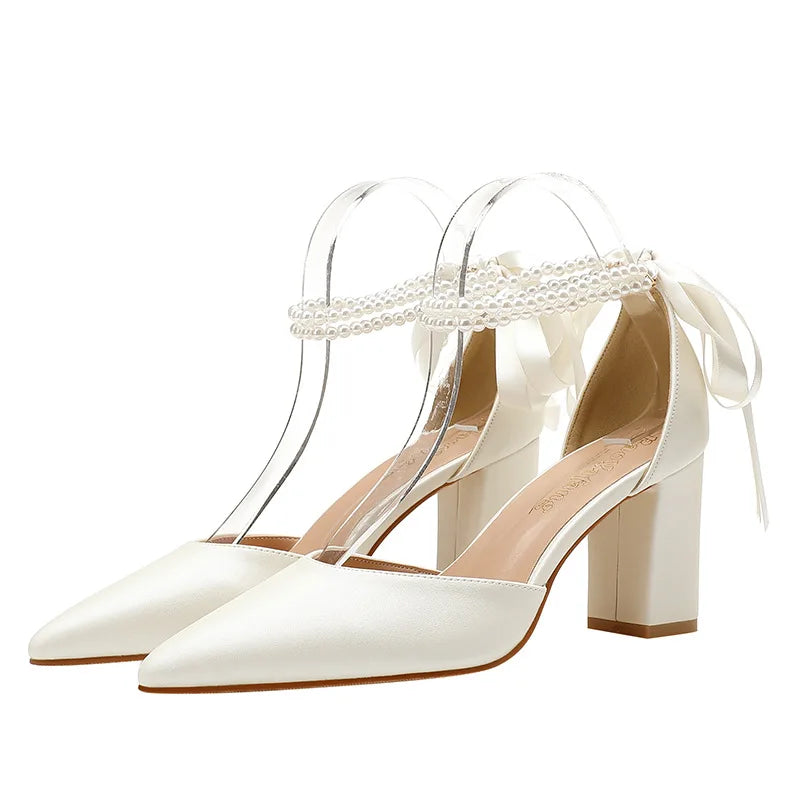 Women's Bridal Wedding High Heel Sandals White Thick Chunky Heel Hard-Wearing for Spring Autumn Summer 43