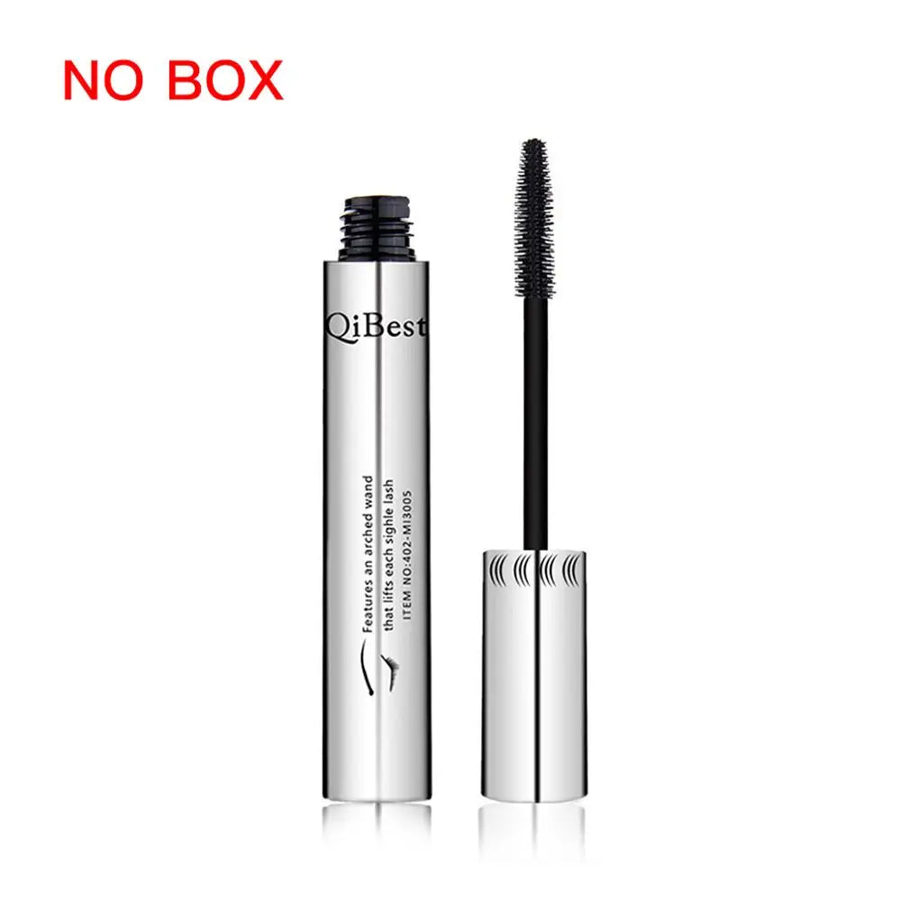 Qibest 4D Silk Fiber Mascara in black, waterproof, lengthening formula, applied to eyelashes with a sleek mascara brush.