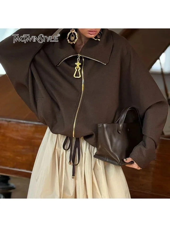 TWOTWINSTYLE Chic Splicing Personalized Zippers Trench Women Breathable Lapel Collar Long Sleeve Loose Coat Fashion