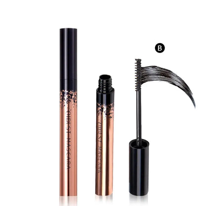 Qibest 4D Silk Fiber Mascara by Blushimmer in black, waterproof formula, showing lengthening and volumizing brush and coated lashes.