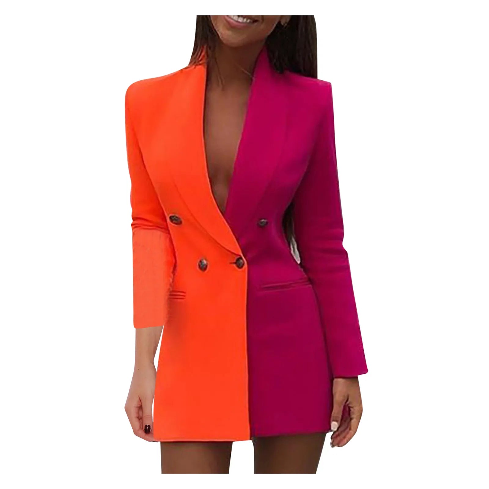 Fashion Color Block Patchwork Blazer Dresses for Women Spring Autumn Double Breasted Long Sleeve V Neck Slim Blazer Suit Dress