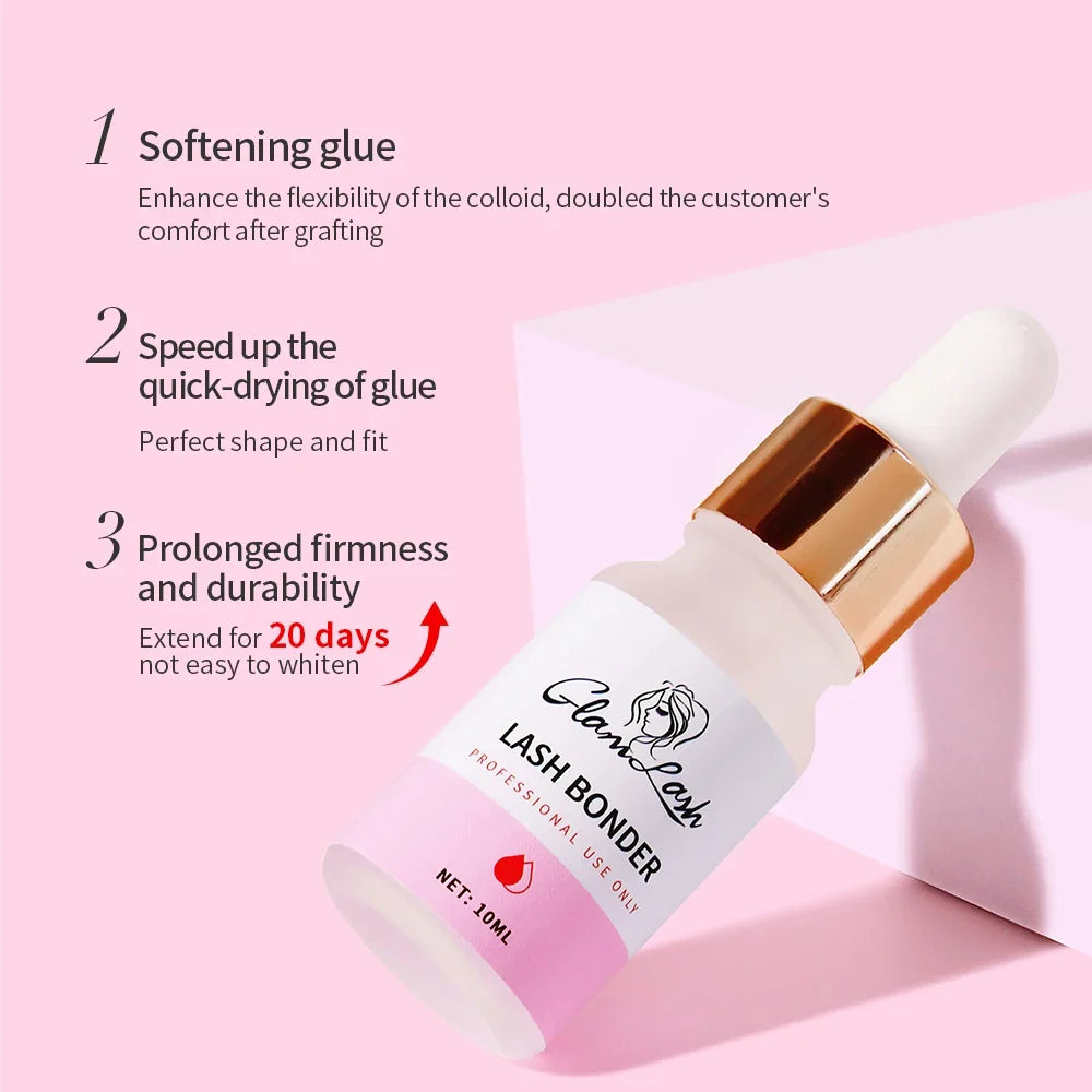 Blushimmer GLAMLASH Super Bonder fixing agent for eyelash extensions, 10ml or 15ml bottle, with applicator tip.