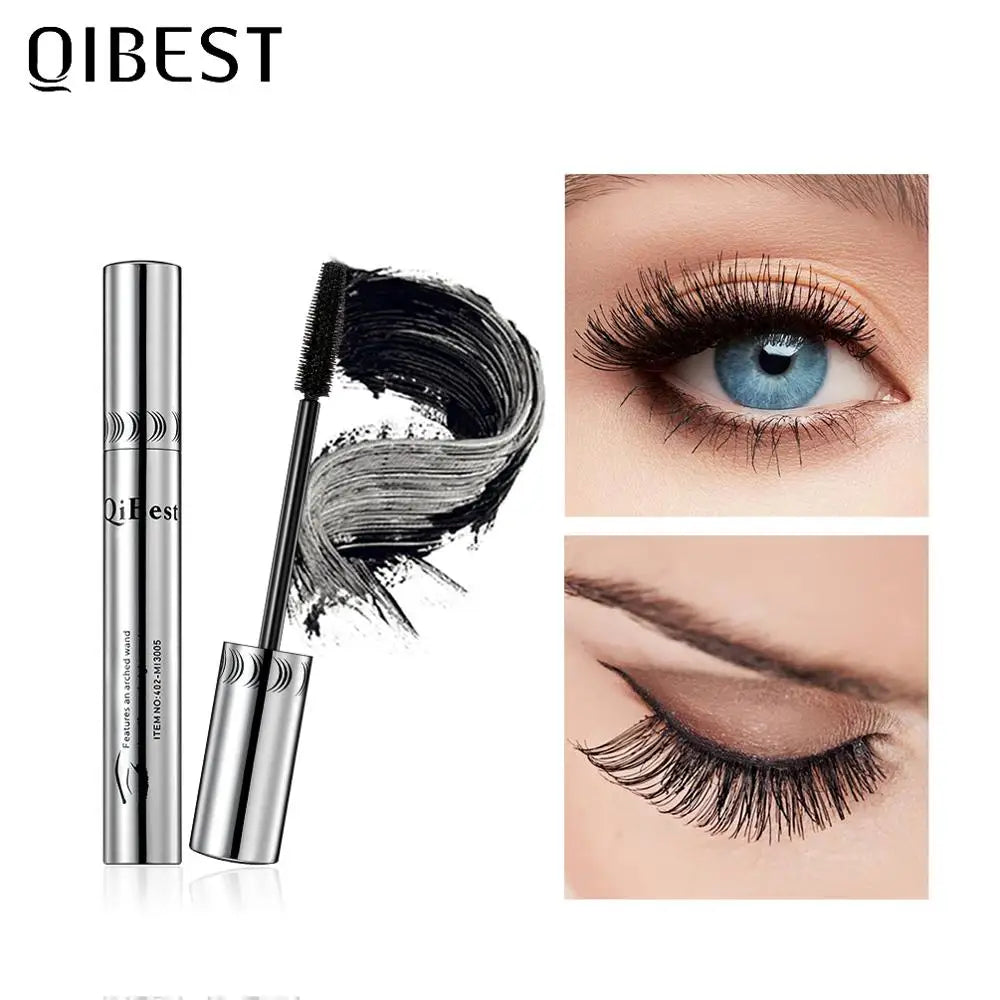 Qibest 4D Silk Fiber Mascara by Blushimmer in black, waterproof formula, showing lengthening and volumizing application on lashes.