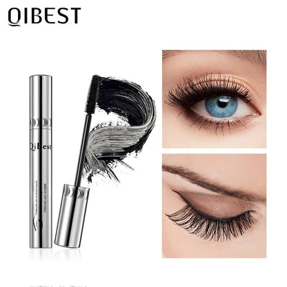 Qibest 4D Silk Fiber Mascara by Blushimmer in black, waterproof formula, showing lengthening and volumizing application on lashes.