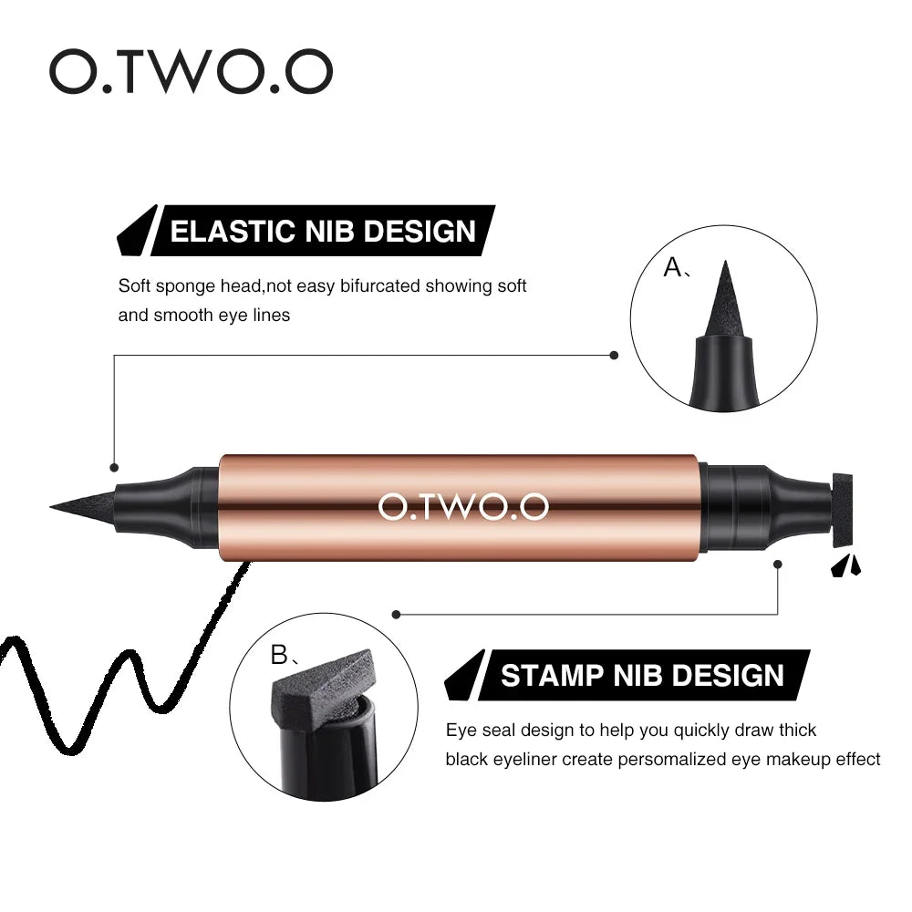 Black waterproof liquid eyeliner pen with double-ended stamp by Blushimmer, designed for precise eye makeup application.