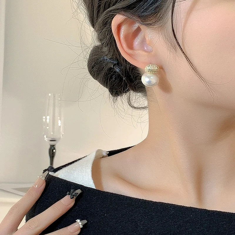 ED68563 New French Simple Superior Sense Micro-inset Zircon Bean Oval Pearl Earrings Elegant Simple Earrings