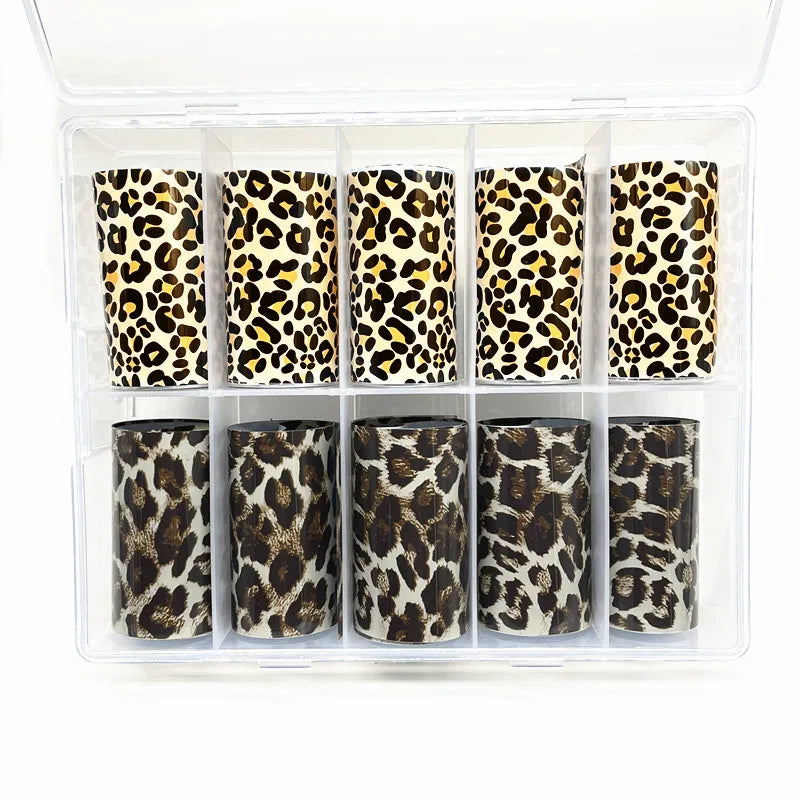 Blushimmer leopard print nail foils and animal sticker set with snake skin design for stylish nail art and manicure decoration.