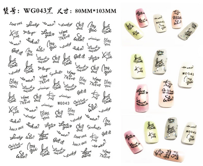 Black Old English font nail art stickers featuring alphabet letter transfers for gothic and gothic-themed nail decoration.