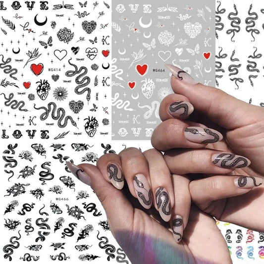 Black and multicolor snake, dragon, and butterfly nail stickers by Blushimmer, water transfer decals for nail art decoration.