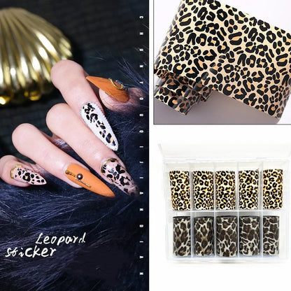 Leopard print nail foils transfer paper and animal nail art stickers from Blushimmer, featuring snake skin and leopard designs for manicure.