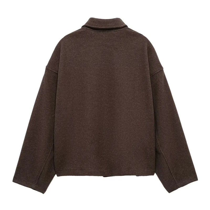 TAOP&ZA Women's Clothing 2024 Winter New American Simple Style Street Fashion Coffee Color Lapel Jacket Zipper Short Coat