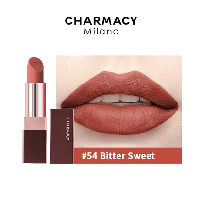 Blushimmer Charmacy matte lipstick in natural red velvet shade, featuring smooth, durable, easy-to-wear lip color for women.