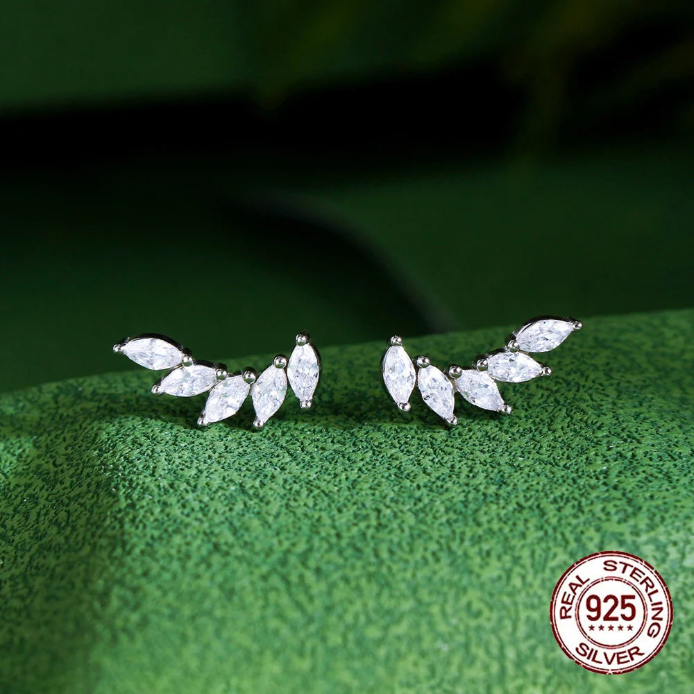 New Fashion Marquise Cut Cubic Zircon Paved 92.5% Sterling Silver Leaf Feather Shape Cheap Stud Earrings for Womens Jewelry