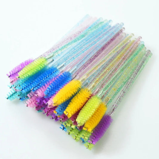 Blushimmer QSTY eyelash brush set with 50 disposable mascara applicator wands in six colors for precise lash makeup application.