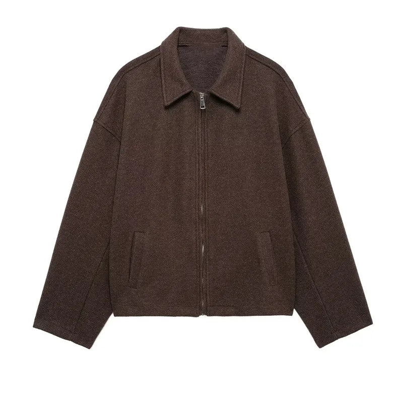 TAOP&ZA Women's Clothing 2024 Winter New American Simple Style Street Fashion Coffee Color Lapel Jacket Zipper Short Coat