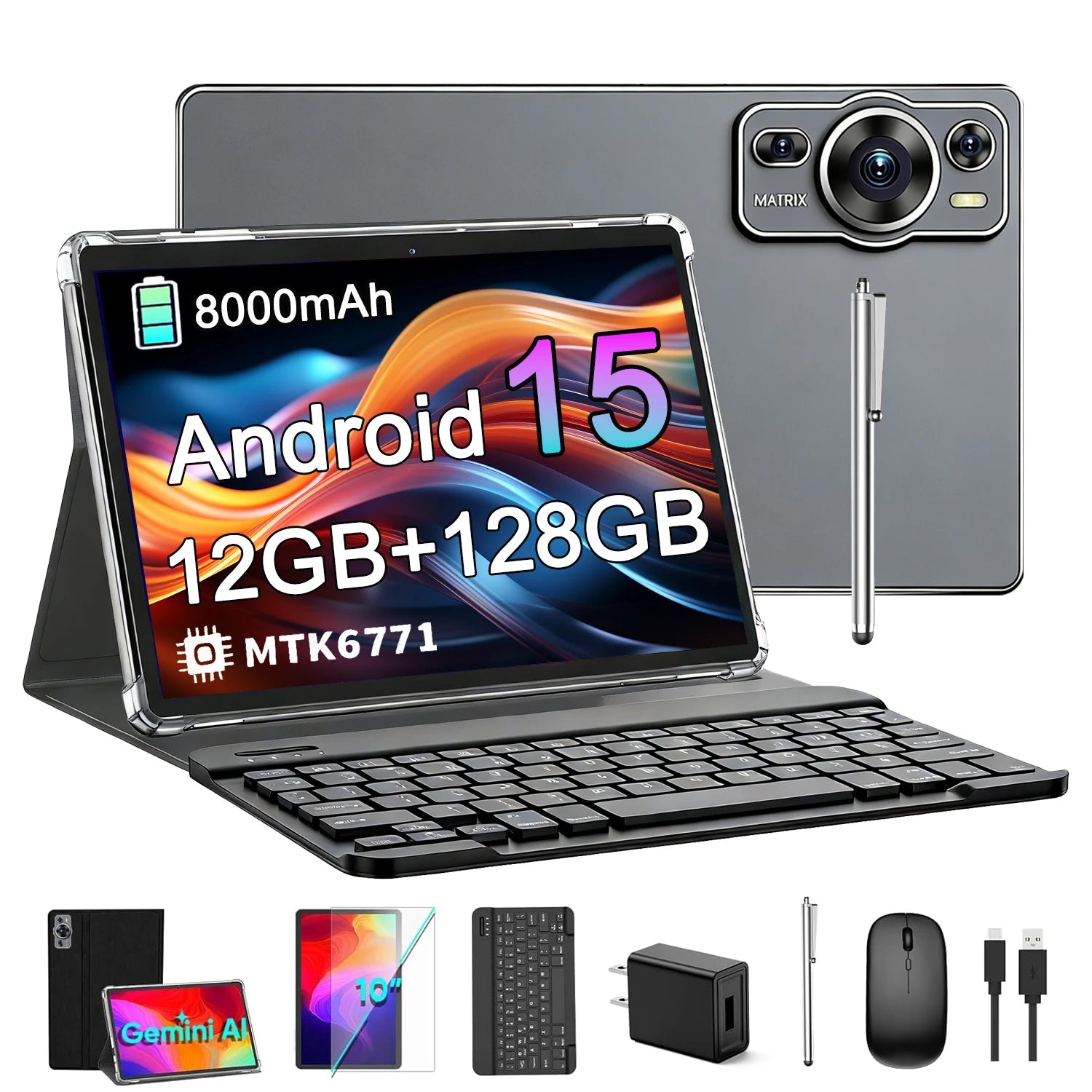 New 10.1" Inch Android 15 Quad Core Tablet PC 12GB RAM 128GB ROM 4000 MAH Battery Wi-Fi with Keyboard Business & Entertainment