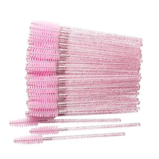 Set of 50 disposable makeup brushes with crystal and diamond handles, including eyebrow, mascara, and eyelash extension applicators.
