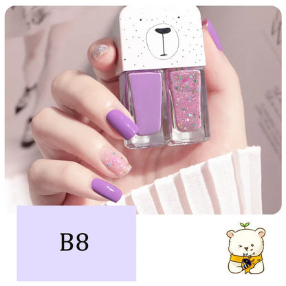 Blushimmer 2-in-1 candy color nail polish in water-based formula with bright, quick-dry, waterproof finish, shown on nails.