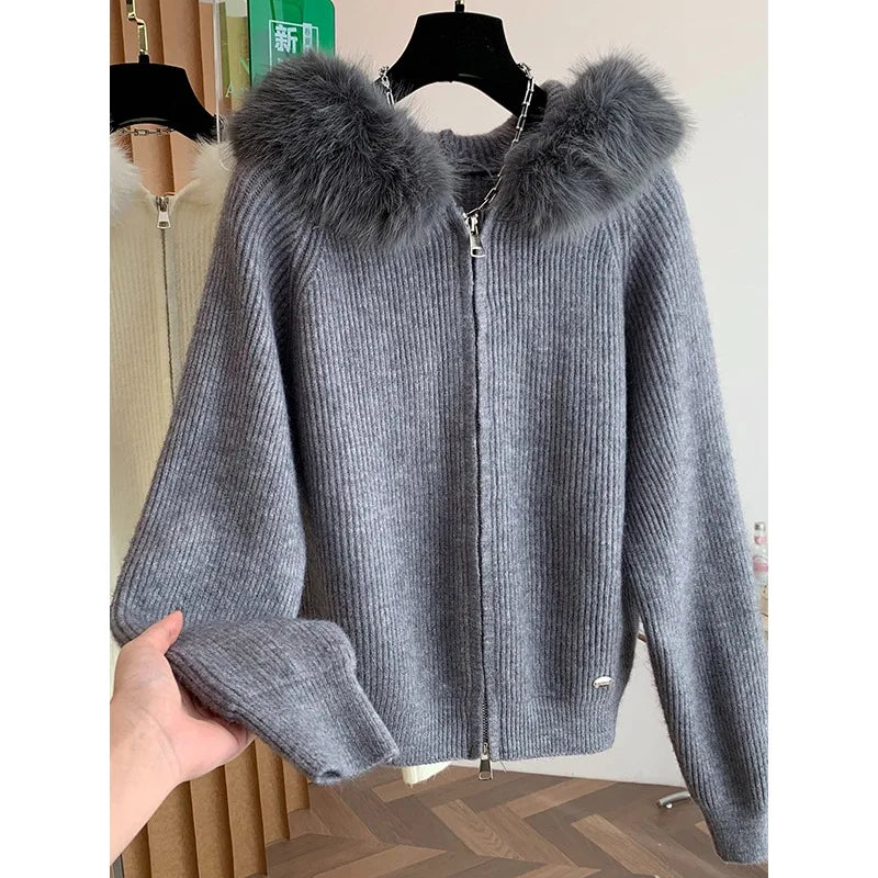 Wholesale Autumn 2026 New Fashion Elegant Casual Simple Solid Color Hooded Fur Collar Long Sleeve Women's Sweater