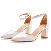 Chunky heel pointed toe hollow sandals spring square heel shallow mouth women's shoes white buckle bridal high heels