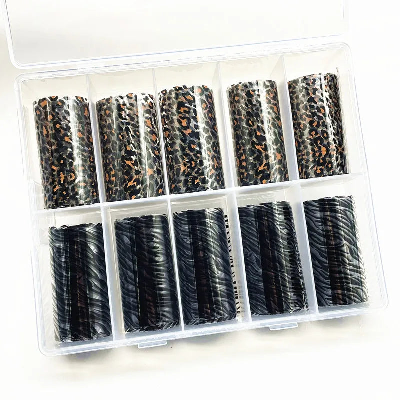 Blushimmer leopard print nail foils and transfer paper with snake skin animal nail decals for stylish manicure decoration.