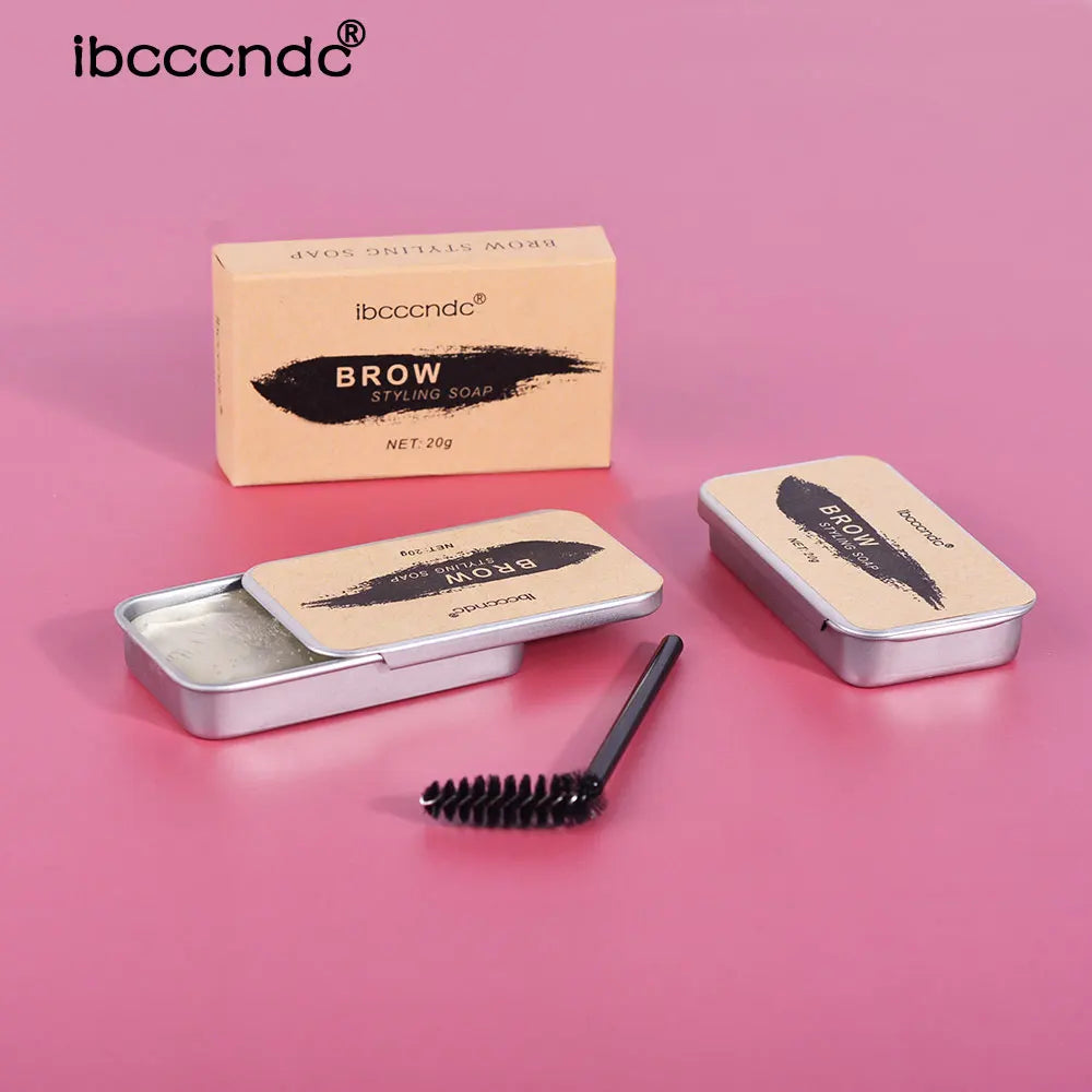 Waterproof brow styling soap kit by Blushimmer with long-lasting lamination gel, shown in a sleek container with a brush applicator.