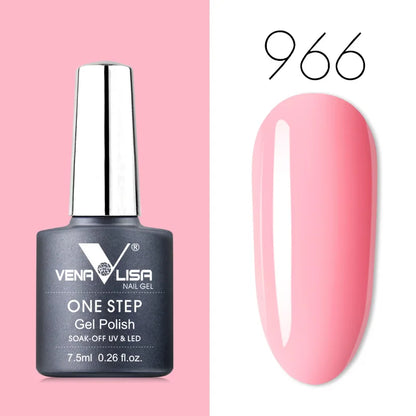 Blushimmer VENALISA 3-in-1 UV gel polish bottle with colorful nail art and a UV lamp in the background, showcasing soak-off gel lacquer.