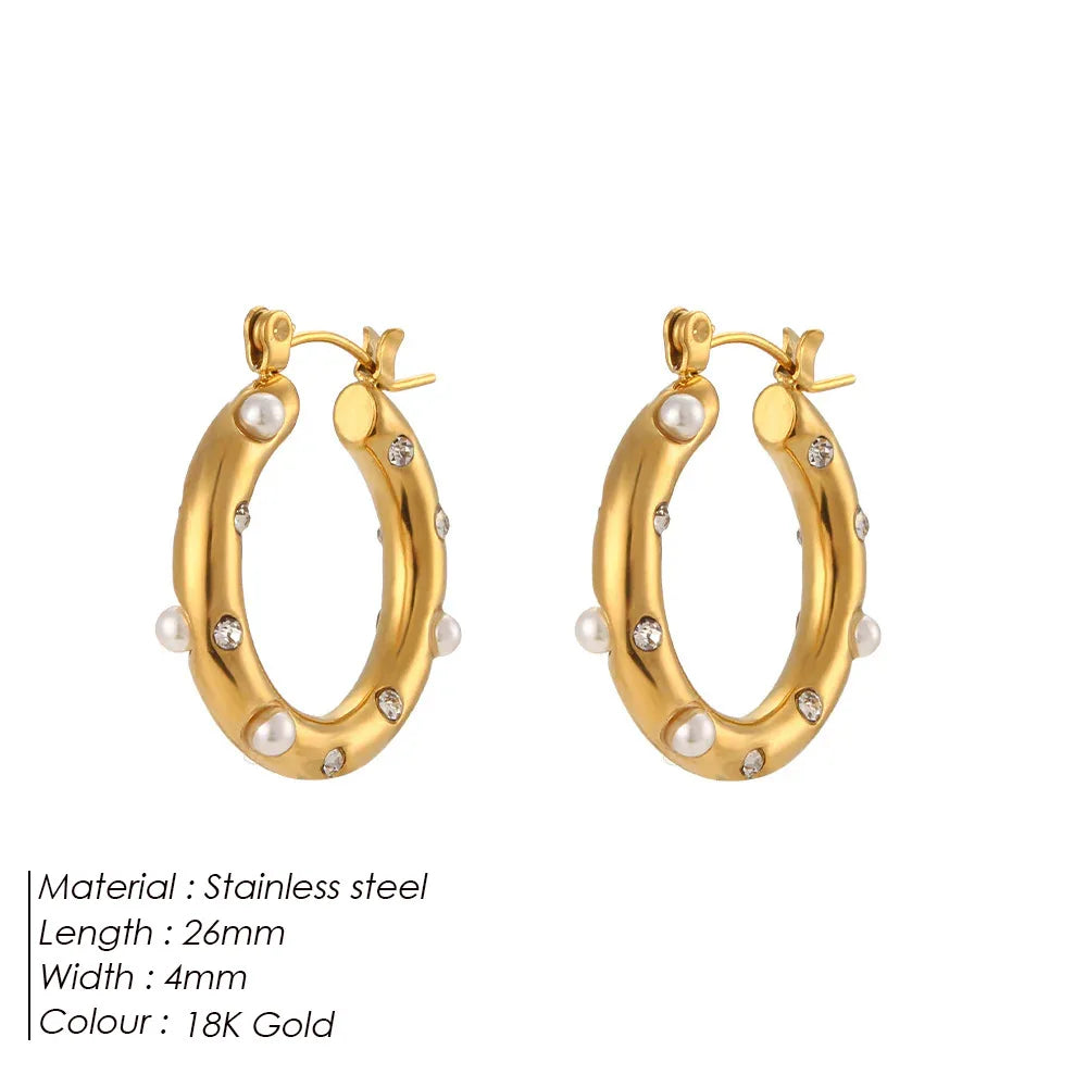 EManco Tarnish-Free Colorful Zircon Freshwater Pearl Huggie Hoop Earrings Gold Plated Stainless Steel Statement Earrings Trendy