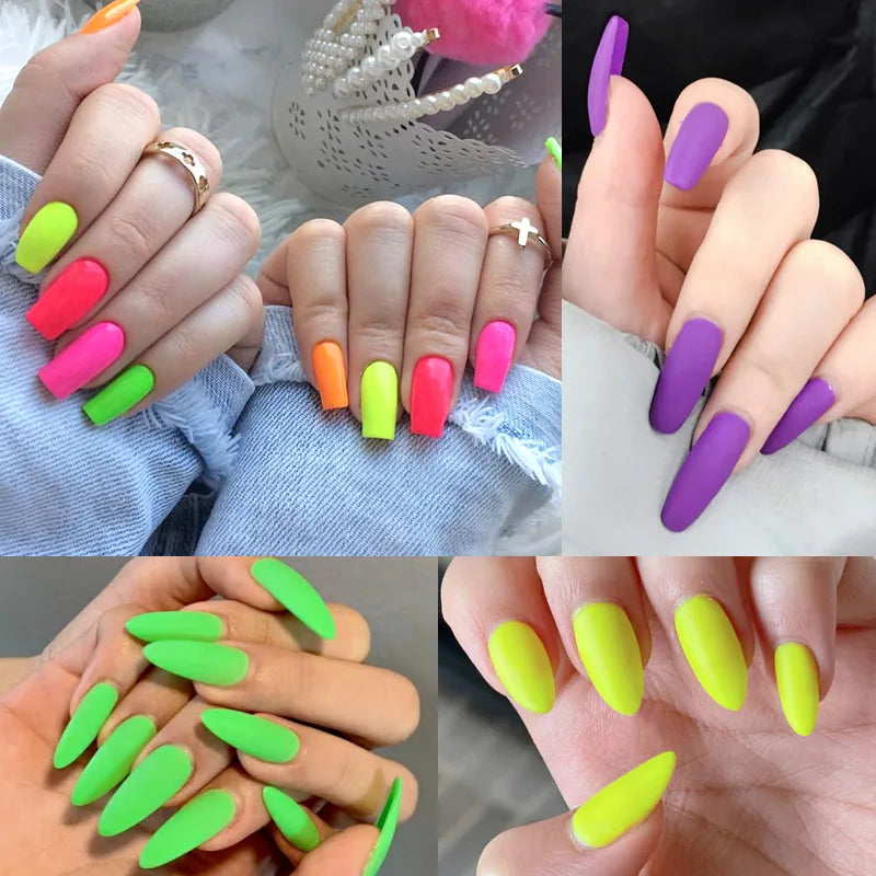 Bright neon pink gel nail polish by Blushimmer, featuring vivid UV and LED fluorescence for vibrant summer nail art.