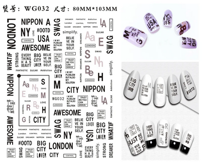 Black Old English font nail art stickers featuring alphabet letter transfers for gothic and gothic-inspired nail decoration.