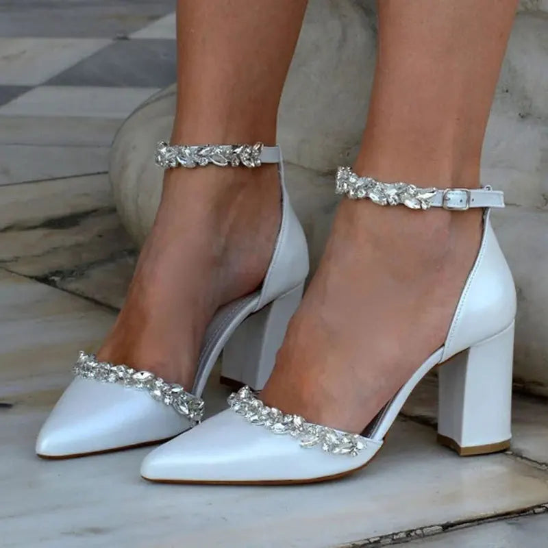 Bridal High Heels Buckle Pointed Toe Ankle Strap Wedding Evening Party Summer Thick 43