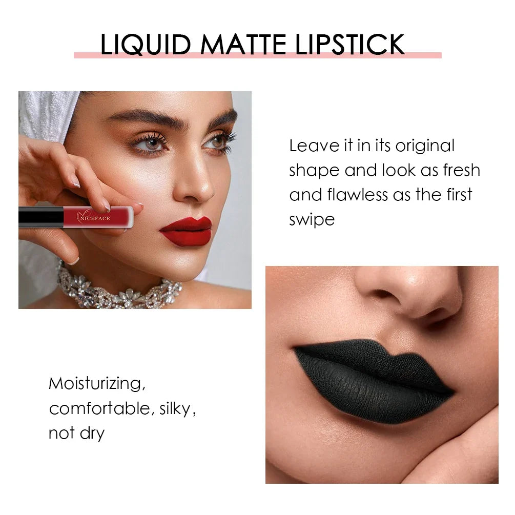 Blushimmer NICEFACE matte liquid lipstick in sexy red, nude, purple, and metallic shades, waterproof long-lasting lip gloss tint.