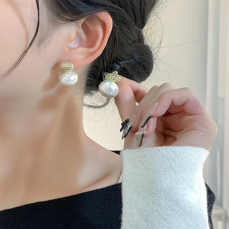 ED68563 New French Simple Superior Sense Micro-inset Zircon Bean Oval Pearl Earrings Elegant Simple Earrings