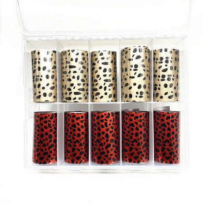 Blushimmer leopard and snake print nail foils transfer paper for animal print nail art and manicure decoration.