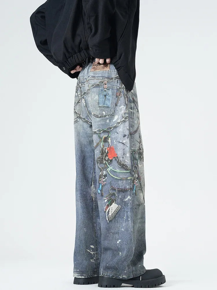 High Street's Distinctive Loose Straight Jeans for Men Vintage Real Shot Cutting Digital Printing Dark Denim Spring Popular