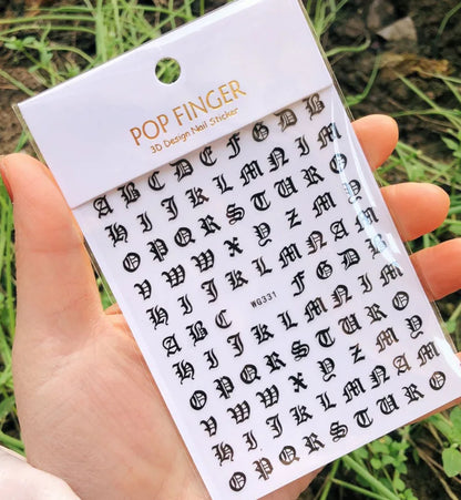 Black Old English font nail art stickers with alphabet letter transfers for gothic and gothic-inspired nail designs by Blushimmer.