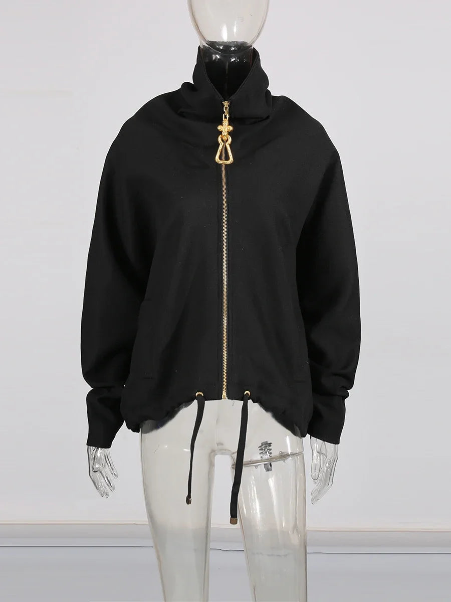 TWOTWINSTYLE Chic Splicing Personalized Zippers Trench Women Breathable Lapel Collar Long Sleeve Loose Coat Fashion