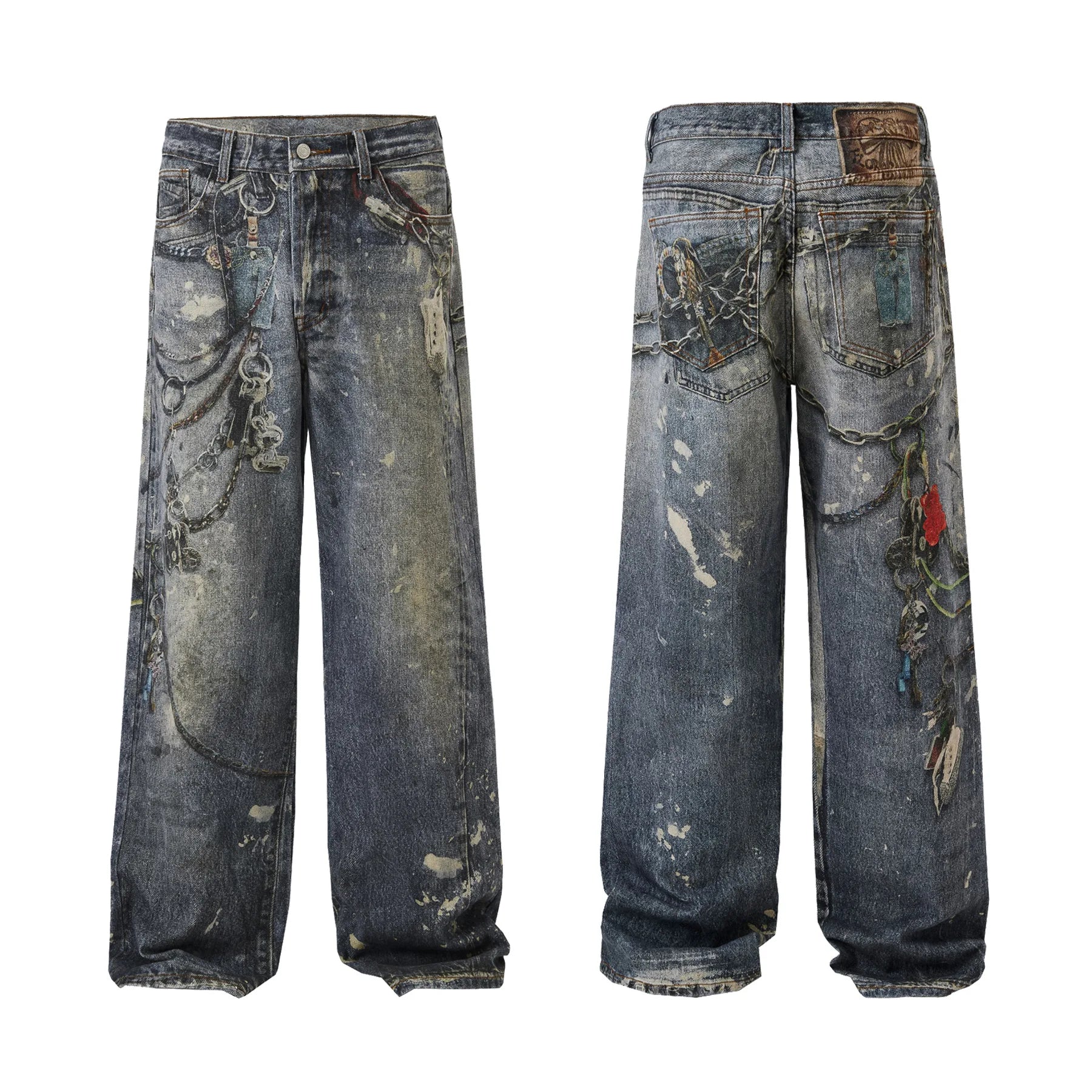 High Street's Distinctive Loose Straight Jeans for Men Vintage Real Shot Cutting Digital Printing Dark Denim Spring Popular