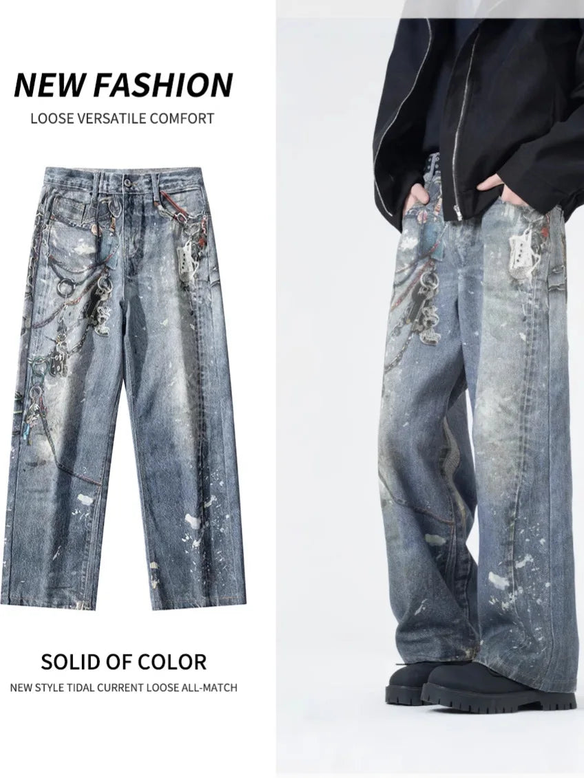 High Street's Distinctive Loose Straight Jeans for Men Vintage Real Shot Cutting Digital Printing Dark Denim Spring Popular