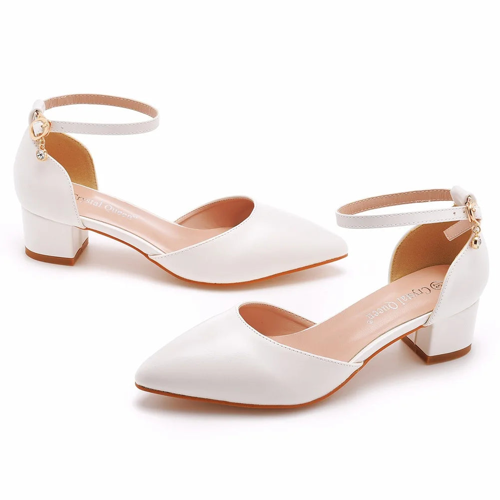 Spring Plus Size Hollow Sandals, 7CM Square Block Heel Pointed Toe Shallow Mouth White Buckle Wedding Bridal Shoes
