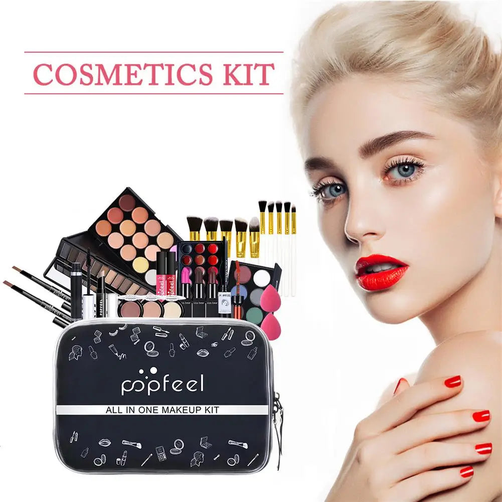 Blushimmer all-in-one makeup kit with lip gloss, eyeshadow, concealer, and brushes in a portable gift set for women and girls.