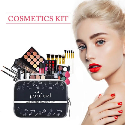 Blushimmer all-in-one makeup kit with lip gloss, eyeshadow, concealer, and brushes in a portable gift set for women and girls.