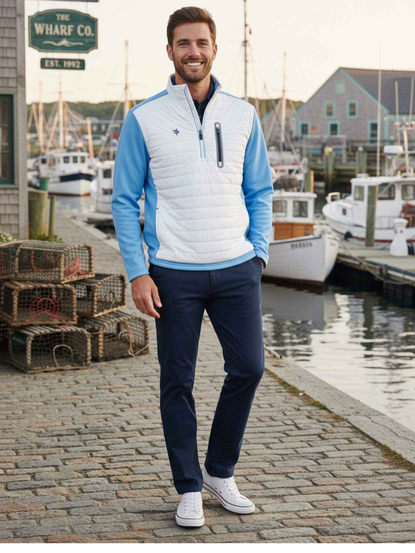 White Water Life Hampton Pullover technical quarter zip layered over a shirt, showcasing its lightweight, breathable fabric.
