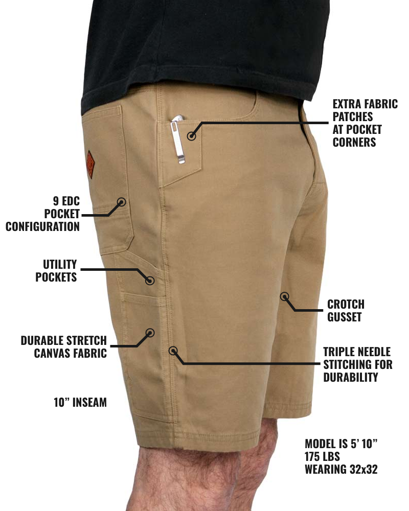 Off The Grid Surplus Havok Shorts 10-inch in Coyote color, showcasing durable rugged shorts with functional design elements.