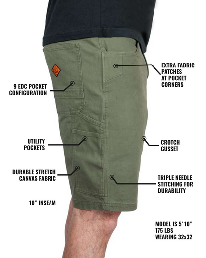 Dark olive Havok Shorts 10-inch from Off The Grid Surplus, featuring a comfortable fit and durable fabric for outdoor activities.