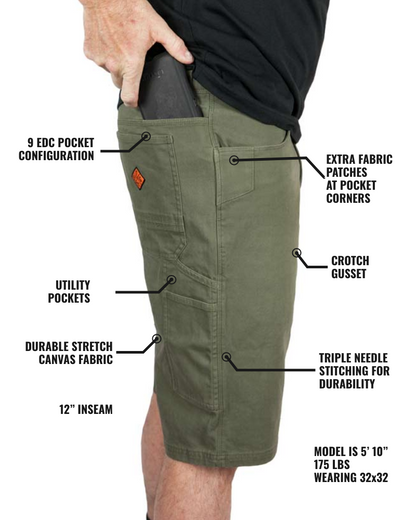 Dark olive Havok Shorts 12-inch from Off The Grid Surplus, featuring a casual fit and durable fabric for outdoor wear.
