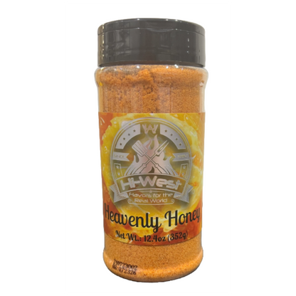 Close-up of Hi-West Heavenly Honey Seasoning container showing the label and seasoning inside, ideal for adding natural honey flavor.