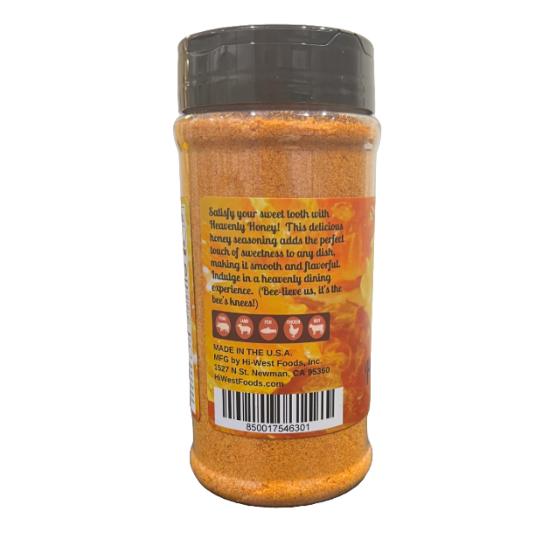 Hi-West Heavenly Honey seasoning jar from Hi-West Foods, Inc., showing golden honey-flavored spice blend in a clear container.