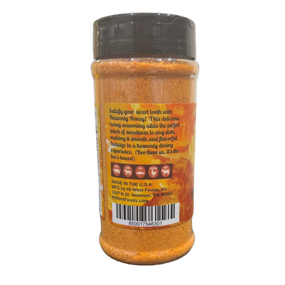 Hi-West Heavenly Honey seasoning jar from Hi-West Foods, Inc., showing golden honey-flavored spice blend in a clear container.
